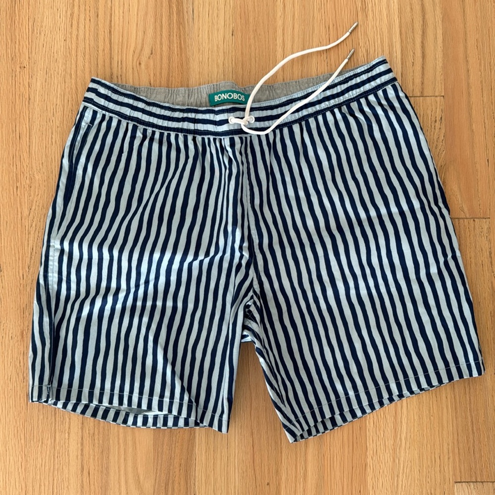 Bonobos Blue Striped Swim Trunks with Drawstring Waist (7”)